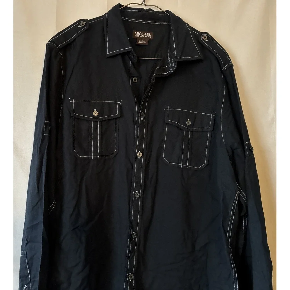 Women's Michael Kors Navy Button Up Shirt jacket 55% Linen Roll Tab Sz L‎ NWOT